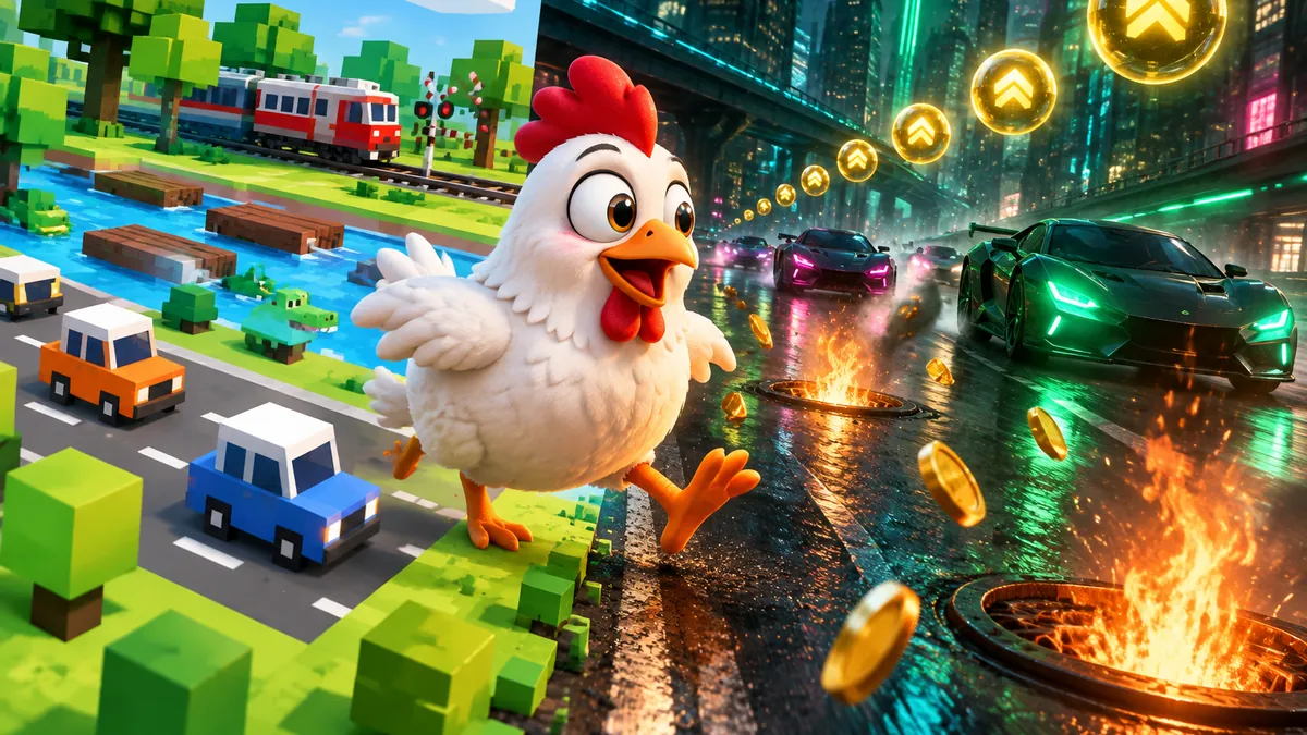 Illustratie chicken cross the road game: links een vrolijke blokjeswereld met speelgoedauto's, rechts de donkere neonweg met munten, de kip staat precies op de grens