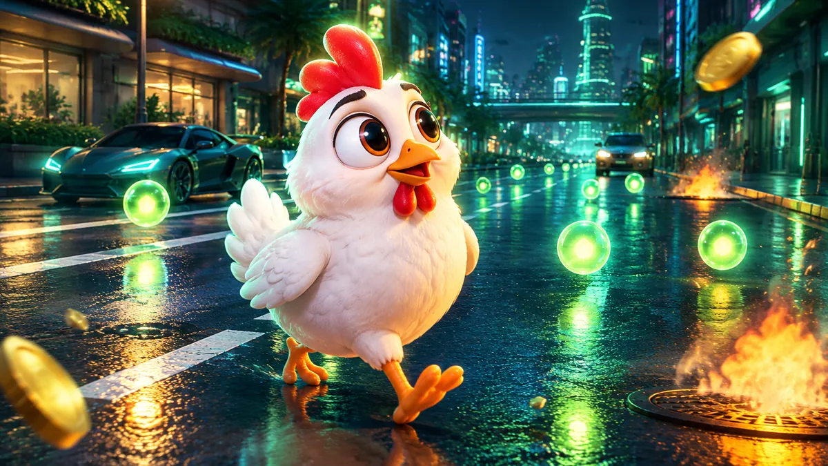 Illustratie: een rustige neonstraat met een paar langzame auto’s, de kip steekt ontspannen over