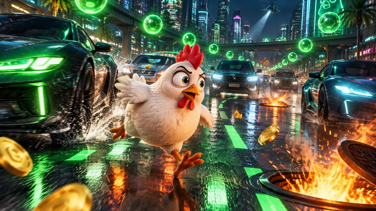 Illustratie: een drukkere neonlaan, de kip wacht haar moment tussen de auto’s af