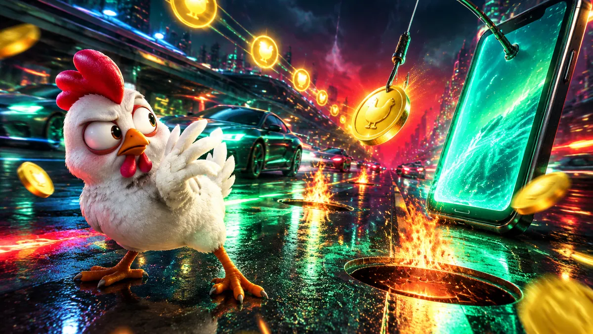 Illustratie bij is Chicken Road veilig: uit een groot telefoonscherm op de neonweg zwaait een vishaak met een gouden munt als aas, de kip houdt afstand