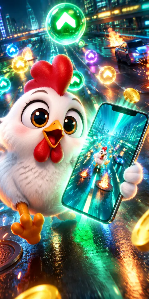 Illustratie: de kip houdt een smartphone vast waaruit een kleine neonweg tevoorschijn komt