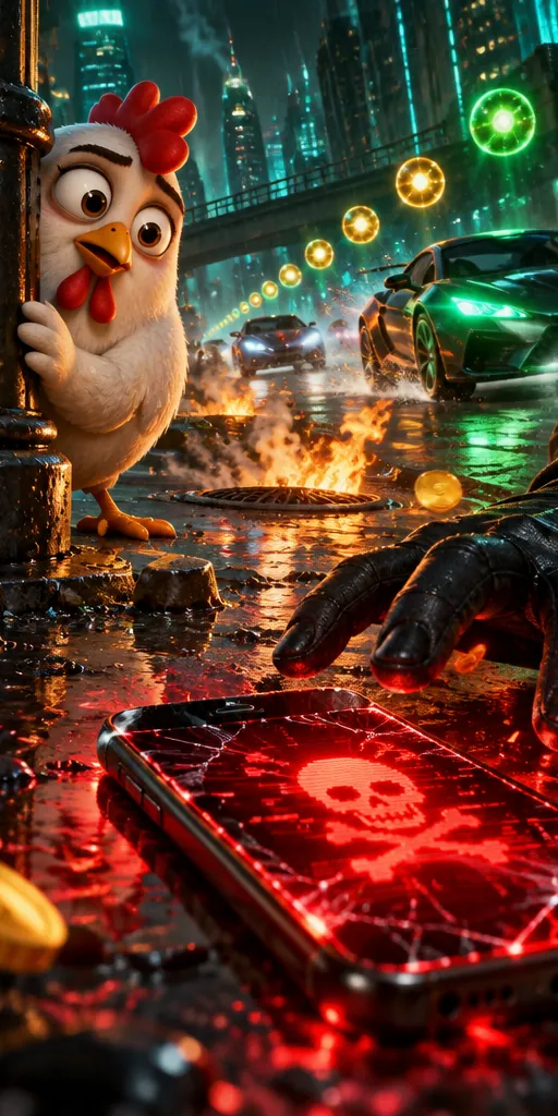 Illustratie: een gebarsten telefoon met rood schermlicht en een hand uit de schaduw, de kip kijkt wantrouwig toe