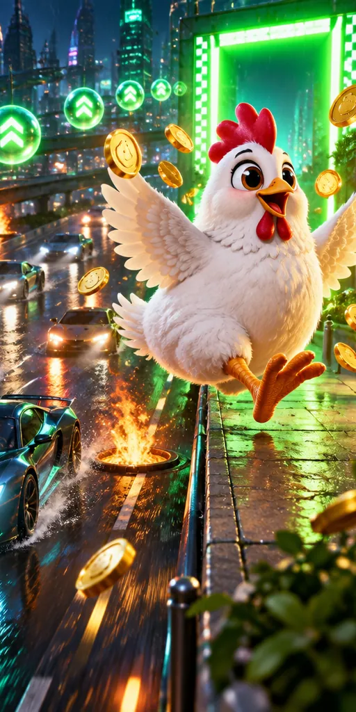 Illustratie: de kip springt met een regen van munten de overkant van de neonweg op