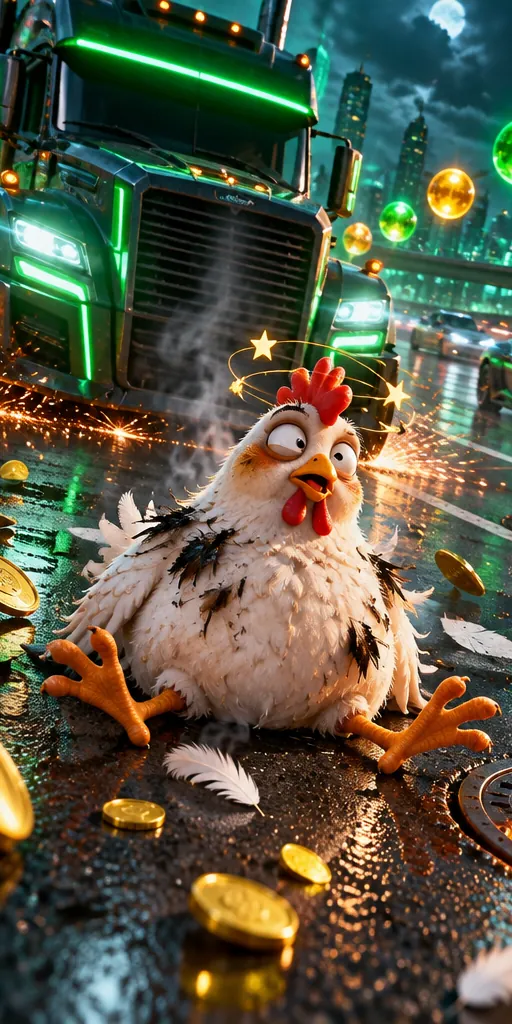 Illustratie: een vrachtwagen remt met vonken af en de kip zit versuft op het asfalt