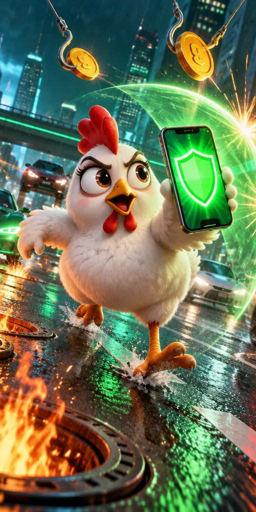 Illustratie: de kip houdt een telefoon met een groen schild omhoog, vishaken met nepmunten ketsen erop af