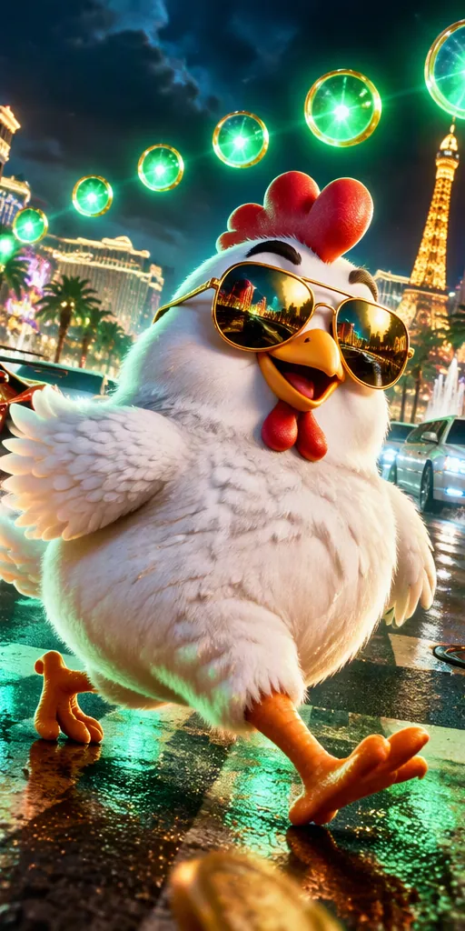 Illustratie: een kip met gouden zonnebril op een neonboulevard in Vegas-stijl