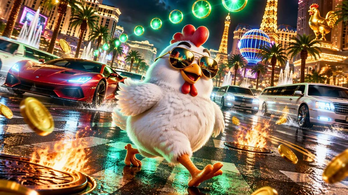 Illustratie: een kip met gouden zonnebril steekt een neonboulevard in Vegas-stijl over