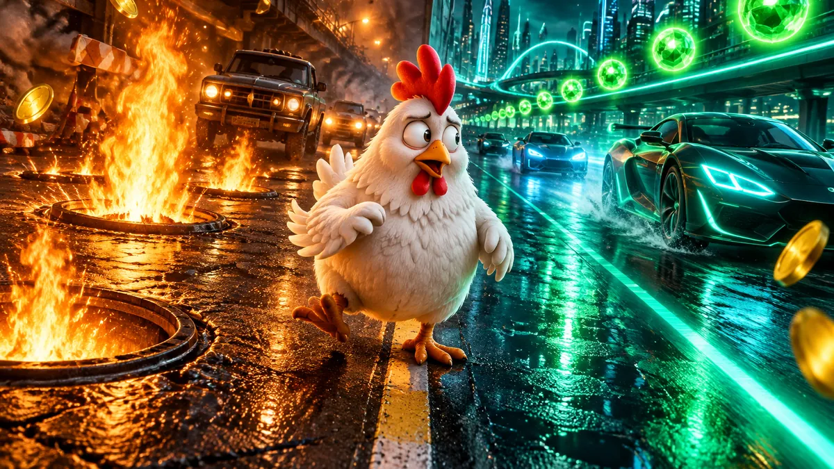 Illustratie: links een weg met vuur uit putdeksels, rechts een neonsnelweg met auto’s, de kip staat precies op de grens